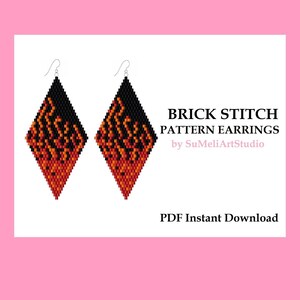 May include: Brick stitch pattern earrings with a black, orange, and red color scheme. The earrings are diamond shaped and have a beaded fringe. The text "BRICK STITCH PATTERN EARRINGS by SuMeliArtStudio" is at the top of the image. The text "PDF Instant Download" is at the bottom of the image.