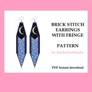 Moon earrings pattern, Digital download pattern, Brick stitch pettern, Beading pattern, Beadwork earrings, Fringe earrings pattern