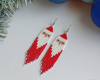 Christmas Holiday Santa Claus beaded earrings, Seed bead fringe earrings, Long red earrings, Beadwork earrings, Winter earrings