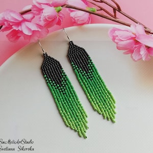 Ombre bead earrings, Beadwork earrings, long  green black seed bead earrings, Boho Fringe earrings, Christmas beaded earrings