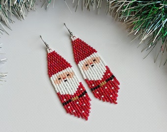 Santa beaded earrings, Christmas Santa seed bead earrings, Dangle winter earrings, Beadwork earrings, Long red earrings