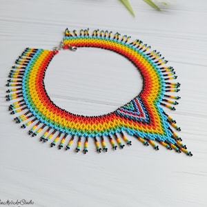 Mexican Huichol Beaded Necklace, Bright collar, Rainbow necklace, Ethnic necklace, Women necklace, Multicolor necklace, Beadwork necklace