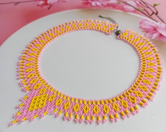 Beaded necklace for woman, Yellow pink necklace, Beadwork necklace, Summer seed bead necklace, Gift for her necklace, Native handmade