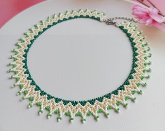 Small bead necklace, green and white seed bead necklace, Beaded Boho Necklace, Handmade necklace, Beadwork necklace, Statement Necklace