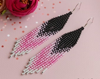 Long tassel earrings, Black and hot pink Seed bead earrings, Long Evening earrings, Beadwork earrings, Boho Fringe earrings