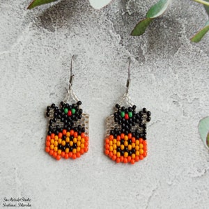 Brincos de abóbora de gato preto, brincos Jack O Lantern, brincos de gato, brincos de abóbora de Halloween, brincos de miçangas