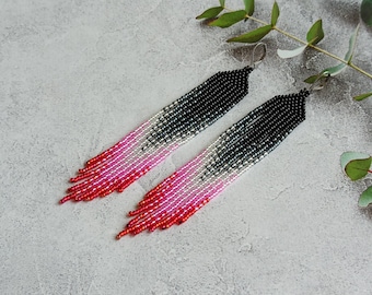 Long tassel earrings, Black hot pink red Seed bead earrings, Long Evening earrings, Beadwork earrings, Handwoven earrings, Boho earrings