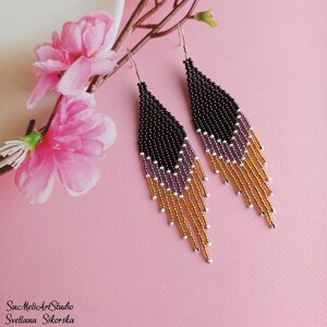 Black lilac caramel beaded earrings, Gradient dangle earrings, Fringe seed bead earrings, Long Beadwork earrings, Luxury boho earrings