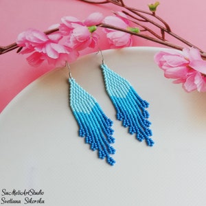 Blue ombre earrings, Fringe dangle earrings, Boho Beaded Earrings, Light blue Wedding Bridal earrings, Everyday earrings, Beadwork earrings