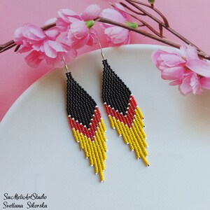 Beadwork earrings, Black red yellow gradient long seed bead earrings, Hand beaded earrings, Boho Fringe earrings, Native bead earrings
