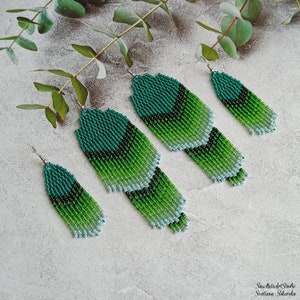 Long green earrings, Christmas earrings, Beadwork earrings, Fringe shining seed bead earrings, Evening Ombre earrings