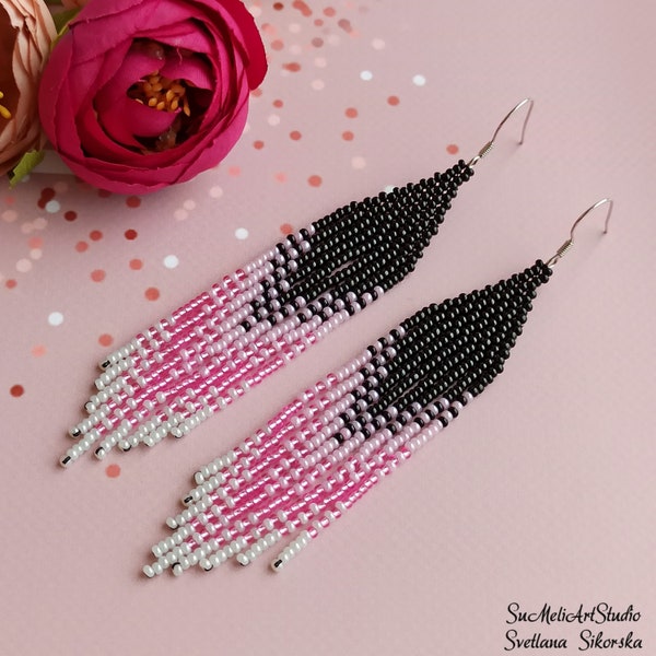 Long tassel earrings, Black and hot pink Seed bead earrings, Long Evening earrings, Beadwork earrings, Boho Fringe earrings