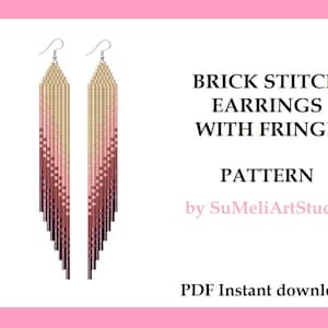 Brick stitch earrings pattern, Seed bead earrings pattern, Beaded earrings fringe pattern, Miyuki seed beads, PDF digital download