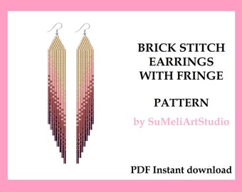 Brick stitch earrings pattern, Seed bead earrings pattern, Beaded earrings fringe pattern, Miyuki seed beads, PDF digital download