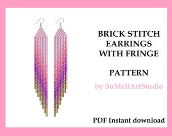 Beading pattern, Brick stitch earrings pattern, Seed bead earrings pattern, Beaded earrings fringe pattern, Miyuki PDF digital download