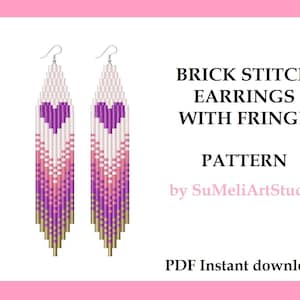May include: A digital pattern for brick stitch earrings with fringe. The earrings are long and feature a purple heart design with pink and white ombre colors. The pattern is by SuMeliArtStudio and is available for instant download.