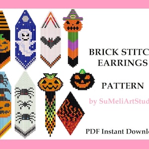 May include: A digital pattern for brick stitch earrings featuring Halloween themes. The designs include pumpkins, ghosts, bats, spiders, and flames. The pattern is available as a PDF instant download.  "BRICK STITCH EARRINGS PATTERN by SuMeliArtStudio"