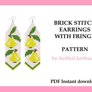 Pear earrings pattern, Fruit jewelry pattern, Brick Stitch for fringe beaded earrings, Beading pattern, Seed bead patterns