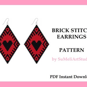 Black Heart seed bead earring pattern, Beaded Valentine earring pattern, Brick stitch pattern Miyuki delica, PDF Digital download