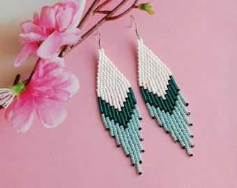 White emerald turquoise beaded earrings, Long Evening Shining seed bead earrings, Luxury earrings, Boho Fringe earrings, Beadwork earrings