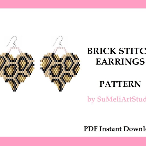 Leopard Brick Stitch pattern, Heart seed bead earring pattern, Seed bead Valentine earrings pattern, Cheetah beaded earrings PDF patterns