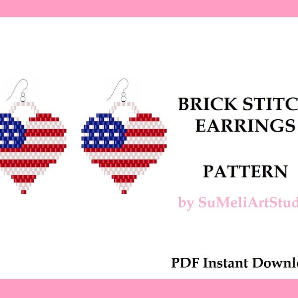 4th of July beaded earrings pattern, Patriotic earrings brick stitch pattern, American Flag earrings pattern, pdf digital