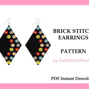 May include: A digital pattern for brick stitch earrings featuring a black background with colorful flowers. The pattern is titled "Brick Stitch Earrings Pattern" by SuMeliArtStudio.  PDF Instant Download.