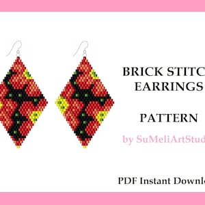 Red flower earrings pattern, Floral seed bead earrings pattern, Brick stitch earring pattern, Mother’s Day earrings pattern, Beading pattern