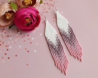White lavender pink bead earrings, Hand beaded earrings, Long tassel earrings, Ombre earrings, Beadwork earrings, Boho Fringe earrings