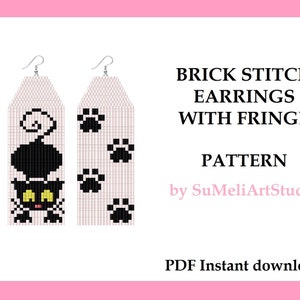 May include: A digital pattern for brick stitch earrings with fringe featuring a black cat with yellow eyes and paw prints. The pattern is titled "Brick Stitch Earrings with Fringe" and is by SuMeliArtStudio. The pattern is available as a PDF instant download.