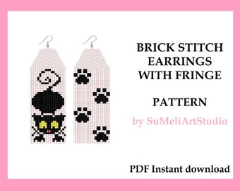 Black cat earrings seed bead patterns, Brick stitch pattern, PDF pattern, Beading pattern, Animal earrings pattern
