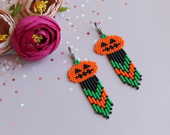 Jack O Lantern earrings, Halloween pumpkin earrings, Beaded fringe earrings, Halloween gift, Funny earrings for Halloween, Beadwork earrings