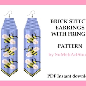 May include: A digital pattern for brick stitch earrings with fringe featuring a bee design. The pattern is available as a PDF instant download.  BRICK STITCH EARRINGS WITH FRINGE PATTERN by SuMeliArtStudio.