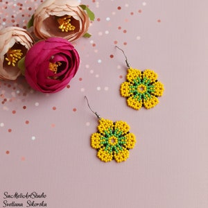 Seed bead earrings yellow and green colors Huichol Mexican beaded earrings Gift for her Beadwork Flowers earrings