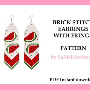 Beaded watermelon earrings pattern, Fruit jewelry pattern, Brick Stitch for fringe beaded earrings, Beading pattern, Seed bead patterns