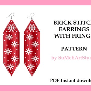 May include: A digital download pattern for brick stitch earrings with fringe. The earrings are red with white snowflake designs. The pattern is by SuMeliArtStudio.