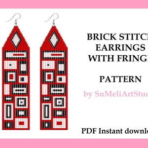 May include: A digital pattern for brick stitch earrings with fringe. The earrings are red, white, and black with a geometric design. The pattern is by SuMeliArtStudio and is available for instant download.