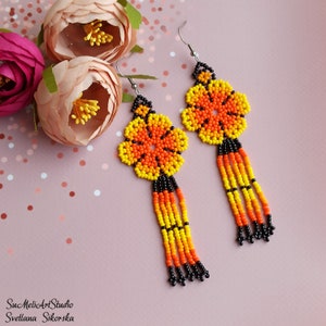 Yellow orange earrings, Floral huichol earrings, Mexican earrings, Native bead earrings, Beaded flowers, Gift for her, Long tassel earrings