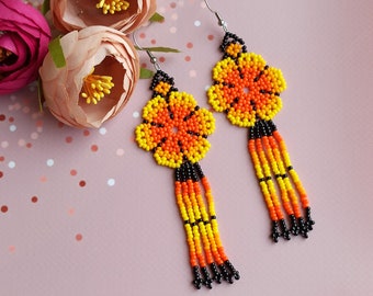 Yellow orange earrings, Floral huichol earrings, Mexican earrings, Native bead earrings, Beaded flowers, Gift for her, Long tassel earrings