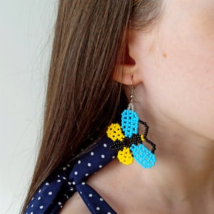 Beaded Butterfly Earrings, Mexican Huichol blue yellow earrings, Native beadwork, Spring Earrings, Beadwork earrings