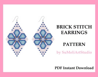 Blue flower earrings pattern, Mother’s Day earrings pattern, Floral seed bead earring pattern, Brick stitch earring pattern, Beading pattern