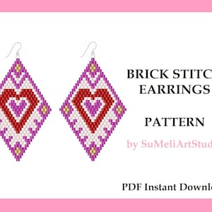 May include: Two diamond-shaped brick stitch earrings with a heart design in red and purple, outlined in white and accented with gold. The earrings are shown on a white background with the text "BRICK STITCH EARRINGS PATTERN" and "PDF Instant Download".