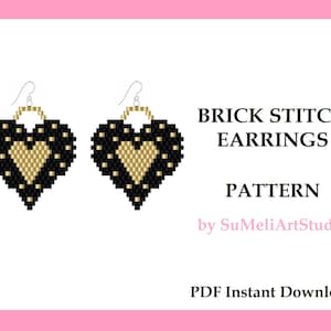 May include: A digital download pattern for brick stitch earrings in the shape of a heart. The earrings are black with a gold heart in the center. The pattern is titled "Brick Stitch Earrings Pattern" by SuMeliArtStudio.  PDF Instant Download.