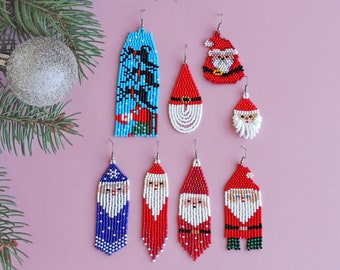 Santa beaded earrings, Christmas Santa seed bead earrings, Deer earrings, Dangle winter earrings, Beadwork earrings, Long red earrings