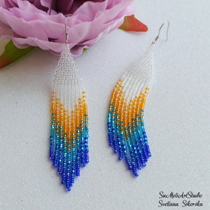 Boho beaded earrings, Long gradient seed bead earrings, Evening earrings, Beadwork earrings, Chandelier ombre earrings