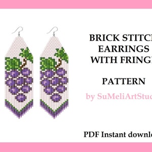 Grape earrings pattern, Fruit seed bead earrings pattern, Brick stitch for fringe beaded earrings, Beading pattern
