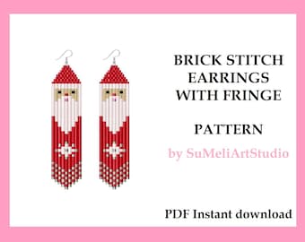 Santa earrings pattern, Christmas earrings pattern, Winter earrings  pattern, Beading pattern, Brick stitch Fringe earrings PDF pattern