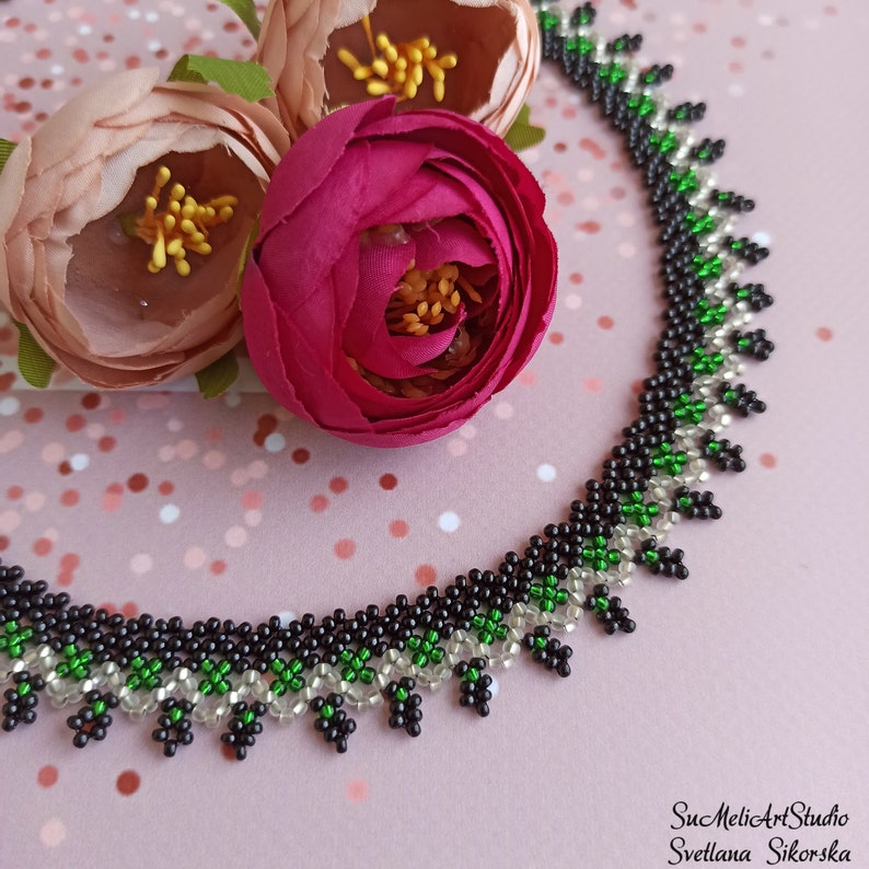 Women/'s gift jewelry Small black necklace Shimmer necklace Black silver green necklace Beadwork necklace Beaded necklace for woman