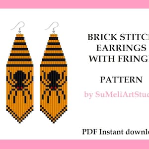 May include: A digital pattern for brick stitch earrings with fringe featuring a black spider design on a yellow and black background. The pattern is titled "Brick Stitch Earrings with Fringe" and is by SuMeliArtStudio. The text "PDF Instant download" is also included.