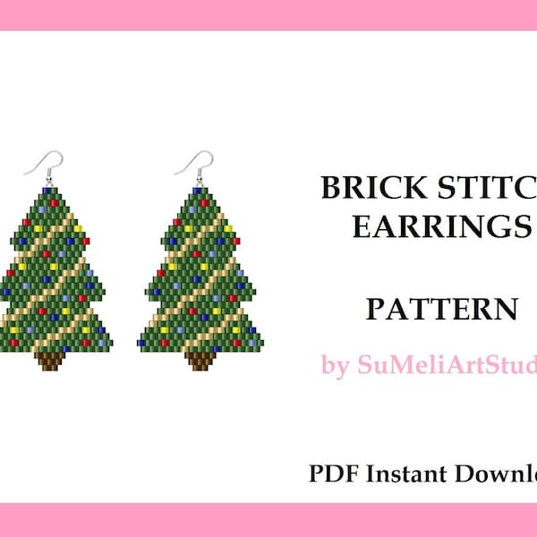 Christmas tree earrings pattern, Beaded winter earrings  pattern, Xmas beading pattern, Brick stitch earrings pattern, PDF Digital pattern